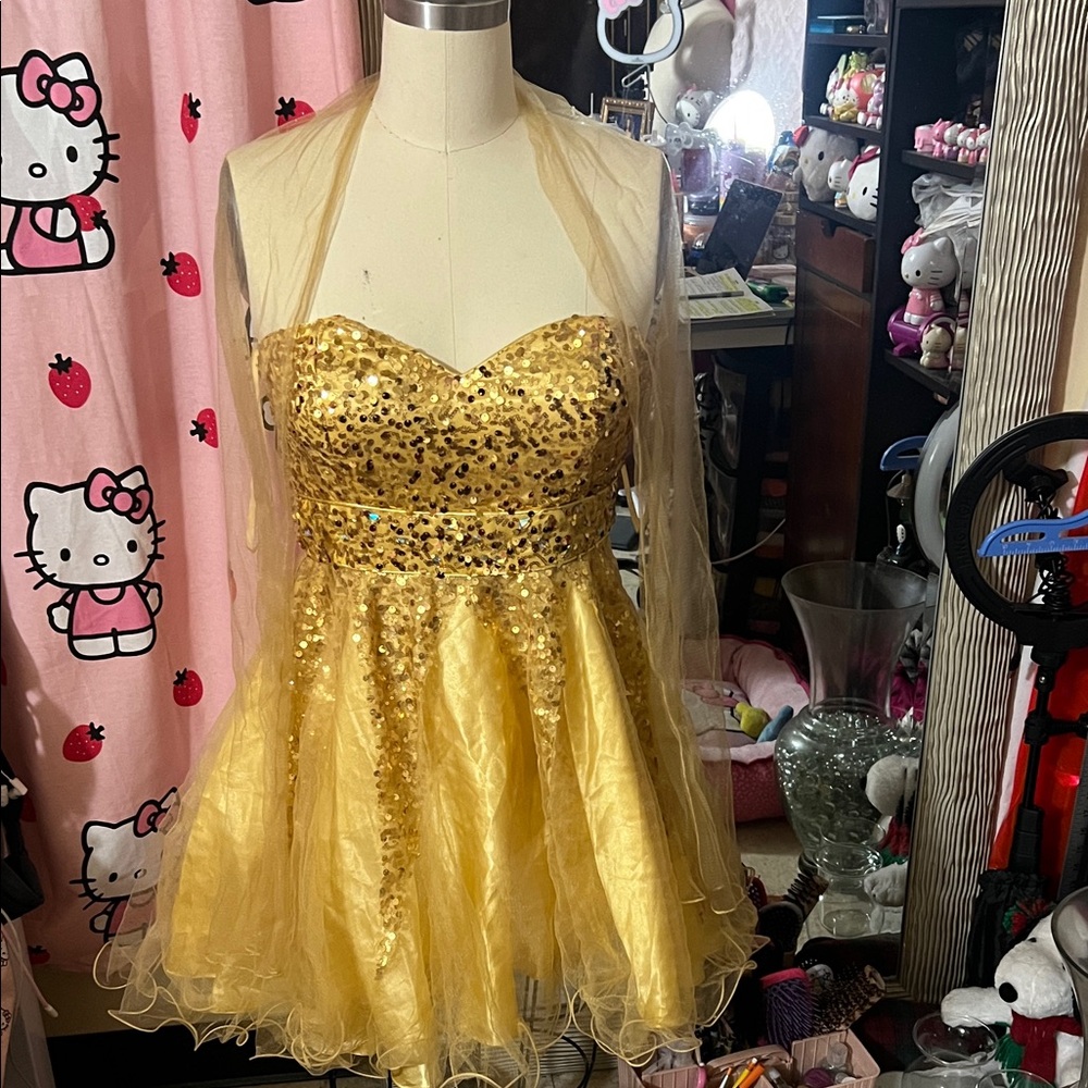 Gold Sequin Strapless Dress with Sheer Shawl